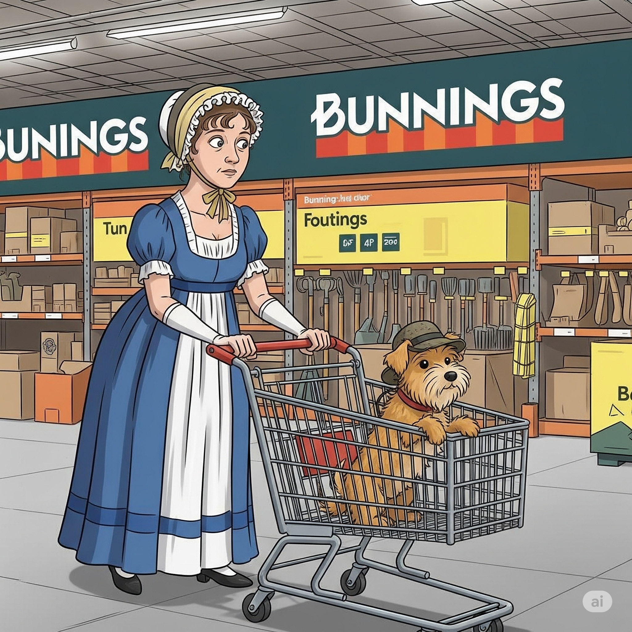 Create a cartoon depiction of Jane Austen shopping at Bunnings with a small dog in her shopping cart.