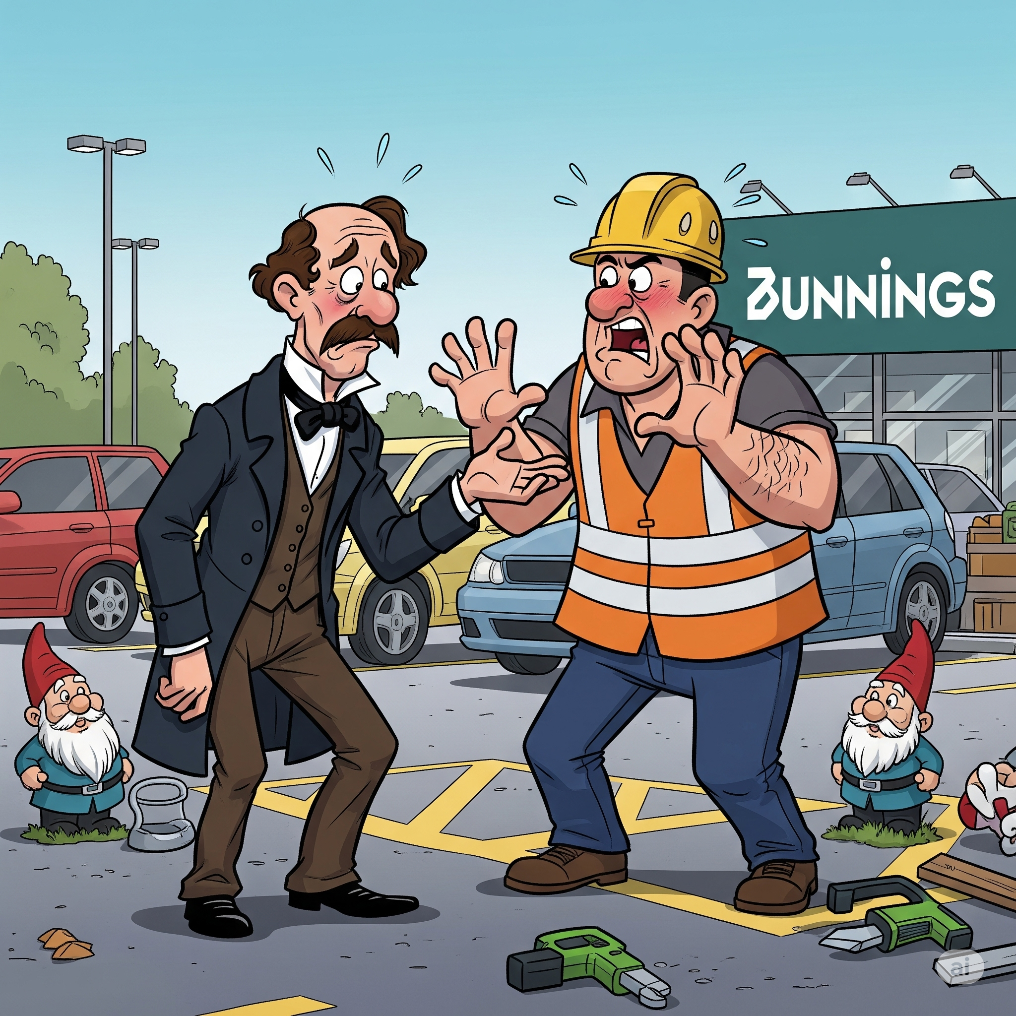 create a cartoon depiction of Charles Dickens getting into a fight with a construction worker over a parking spot in the Bunnings parking lot. The construction worker is wearing a safety vest and hard hat.