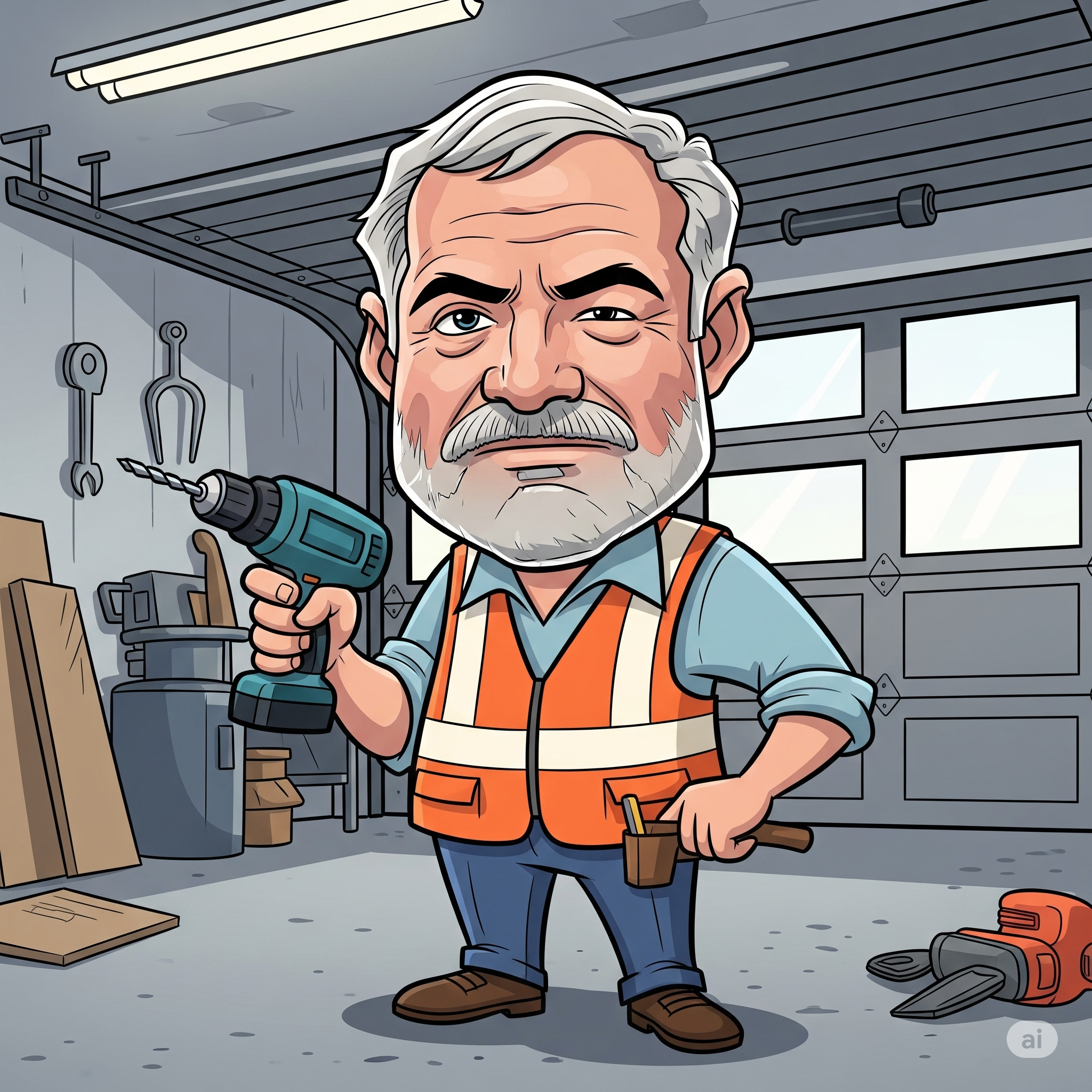 Create a cartoon depiction of Ernest Hemingway wearing a safety vest and holding a powerdrill