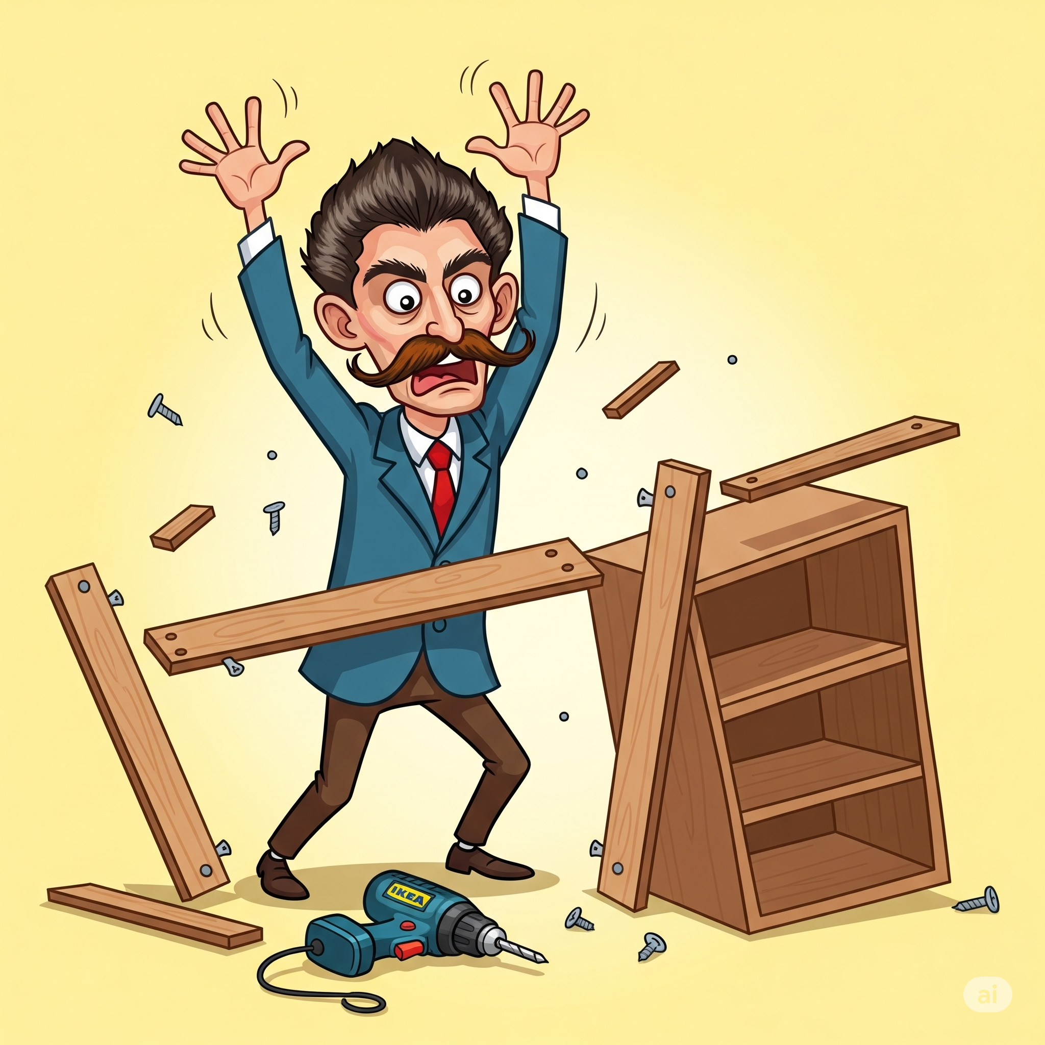 Create a cartoonish depiction of Franz Kafka throwing his hands up in frustration at a failed attempt to assemble ikea furniture with a powerdrill at his feet.