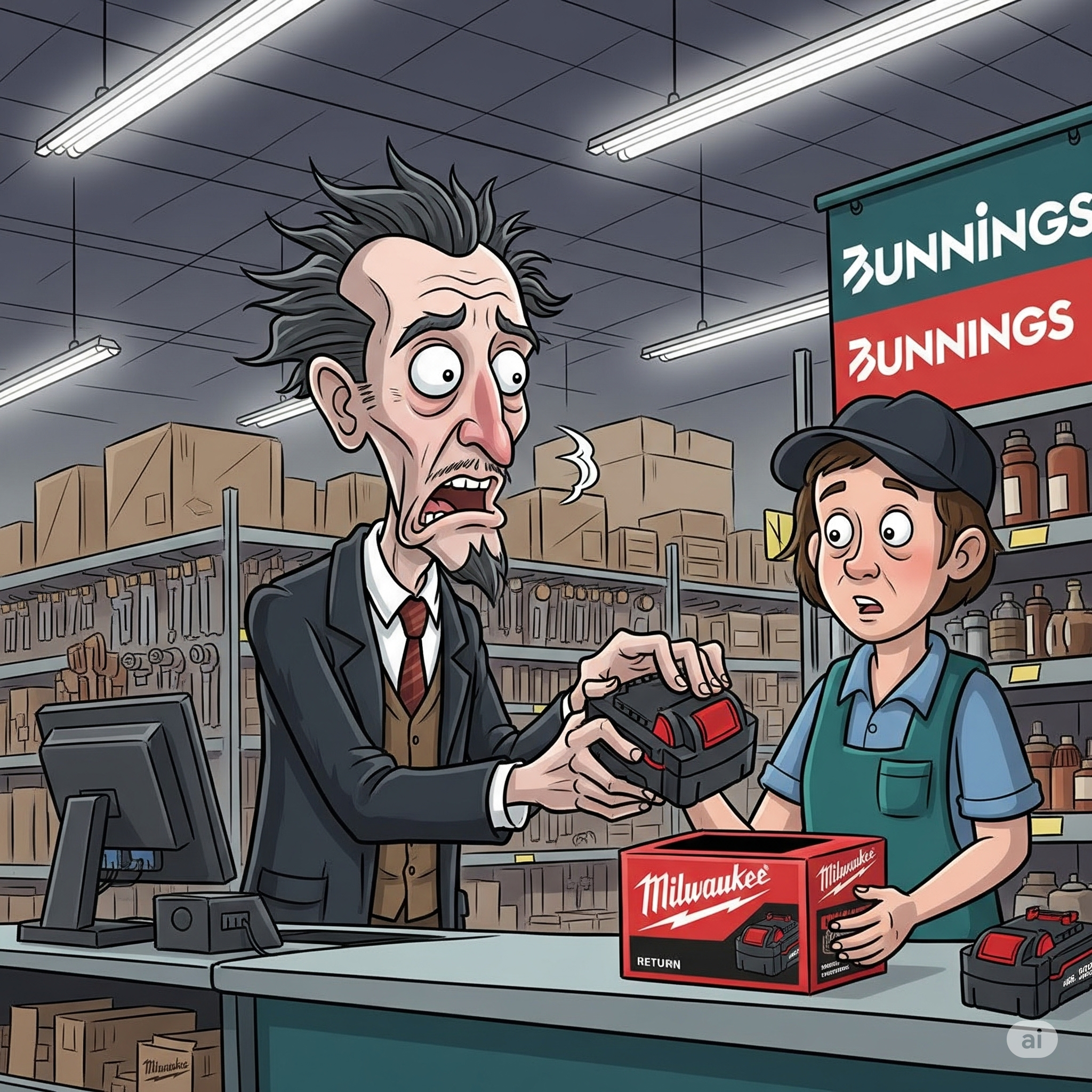 Create a cartoonish depiction of H.P. Lovecraft trying (and failing) to return milkwaukee batteries at bunnings.