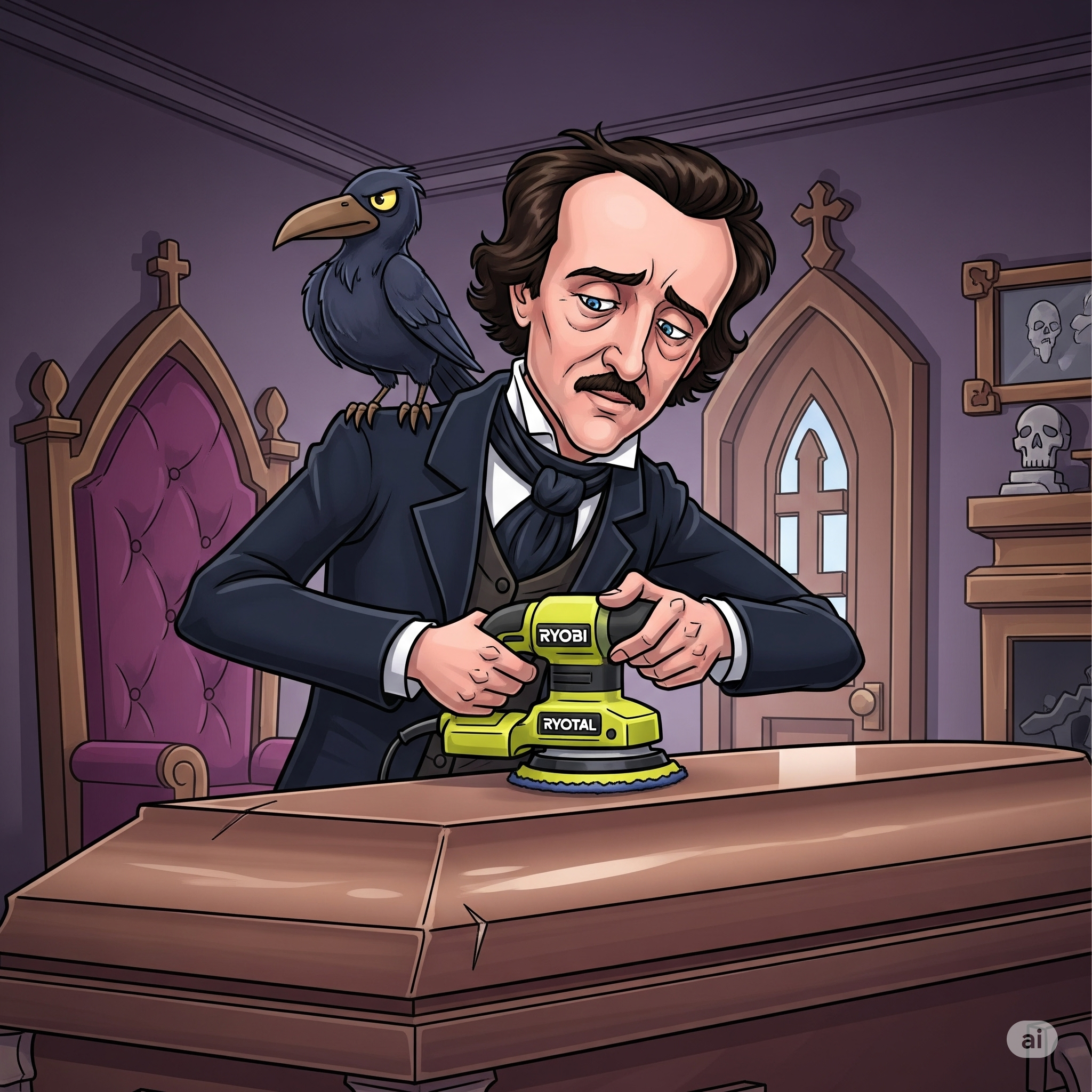create a cartoonish depiction of Edgar Allan Poe using a ryobi orbital sander to buff the polish on a casket. He has a crow on his shoulder. This scheme is taking place in a funeral home.