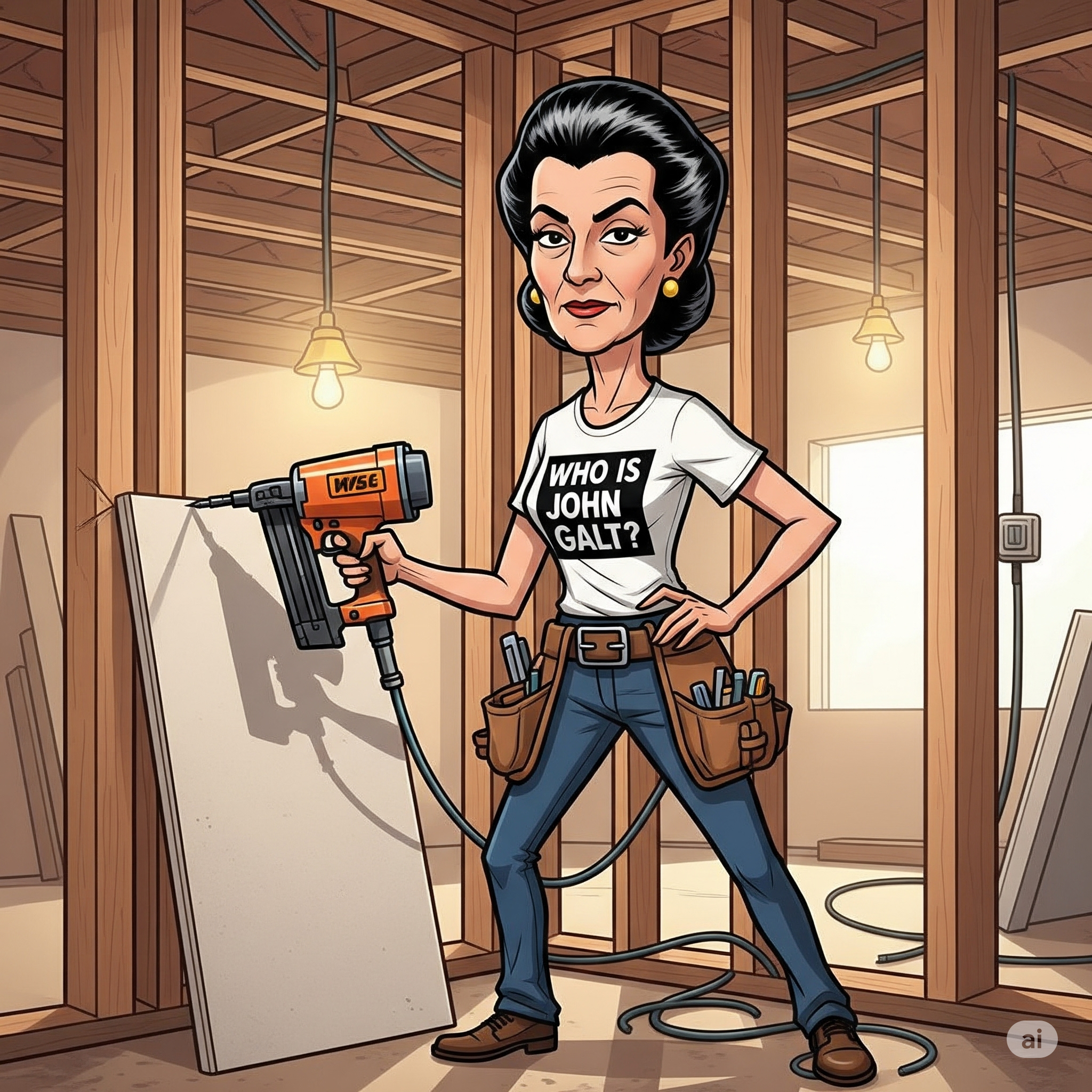 Create a cartoon depiction of Ayn Rand on a work site, wearing a "Who is John Galt?" t-shirt, holding a nail gun, attaching drywall to a wooden stud. There's no text in this id apart from her t-shirt.