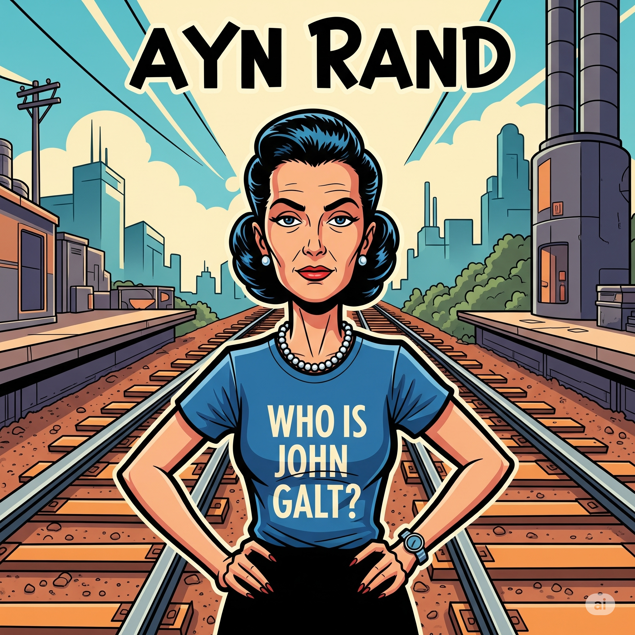 Create a cartoon depiction of Ayn Rand wearing a "Who is John Galt?" t-shirt, standing in between train tracks. She is looking at the camera with a determined expression.