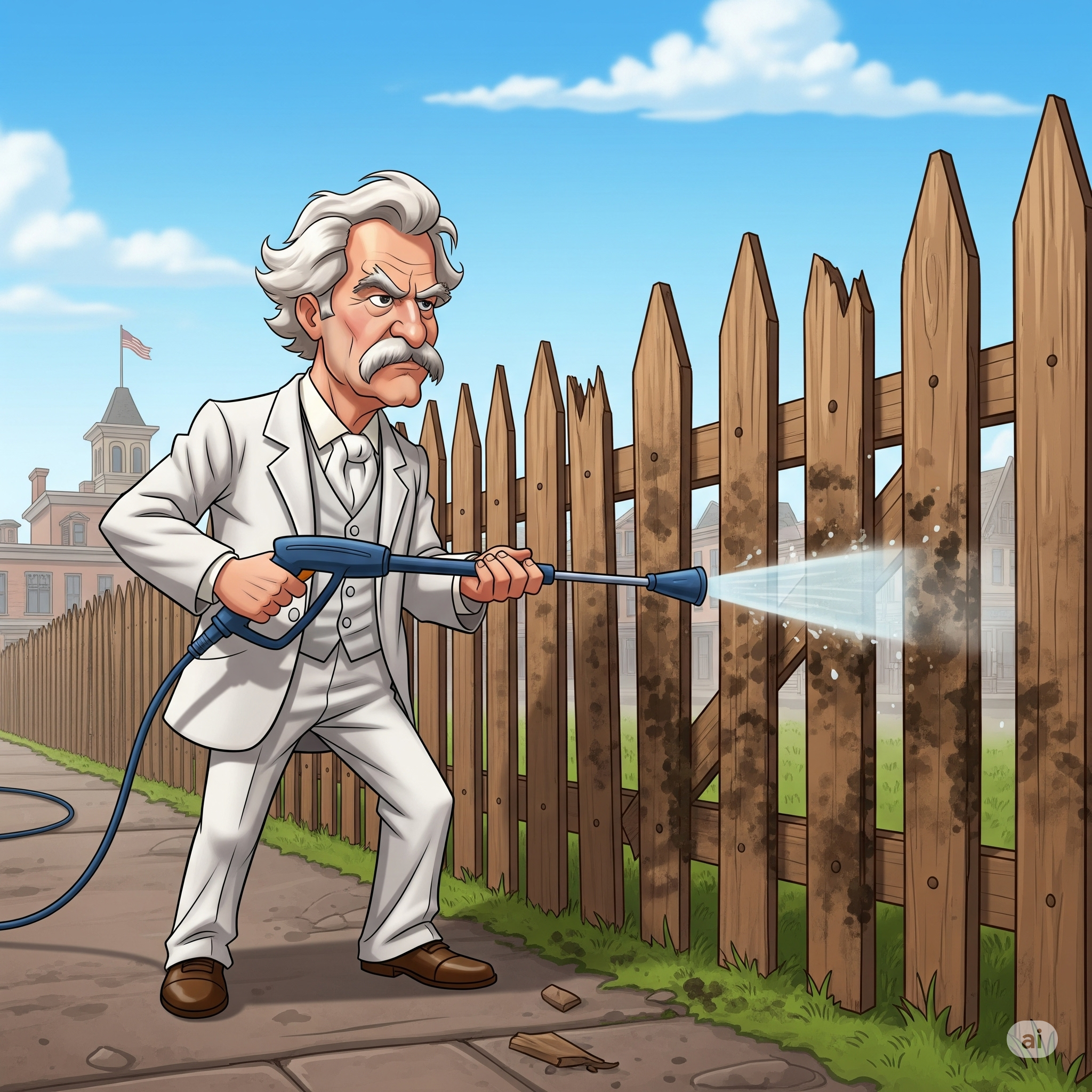 Create a cartoon depiction of Mark Twain power washing a dirty picket fence. He looks slightly annoyed and frustrated.